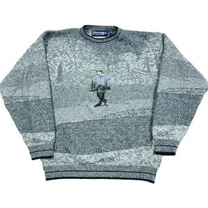 Vintage Golf Sweater Men Medium Gray Heavy Knit Embroidered Grandpa 90s USA